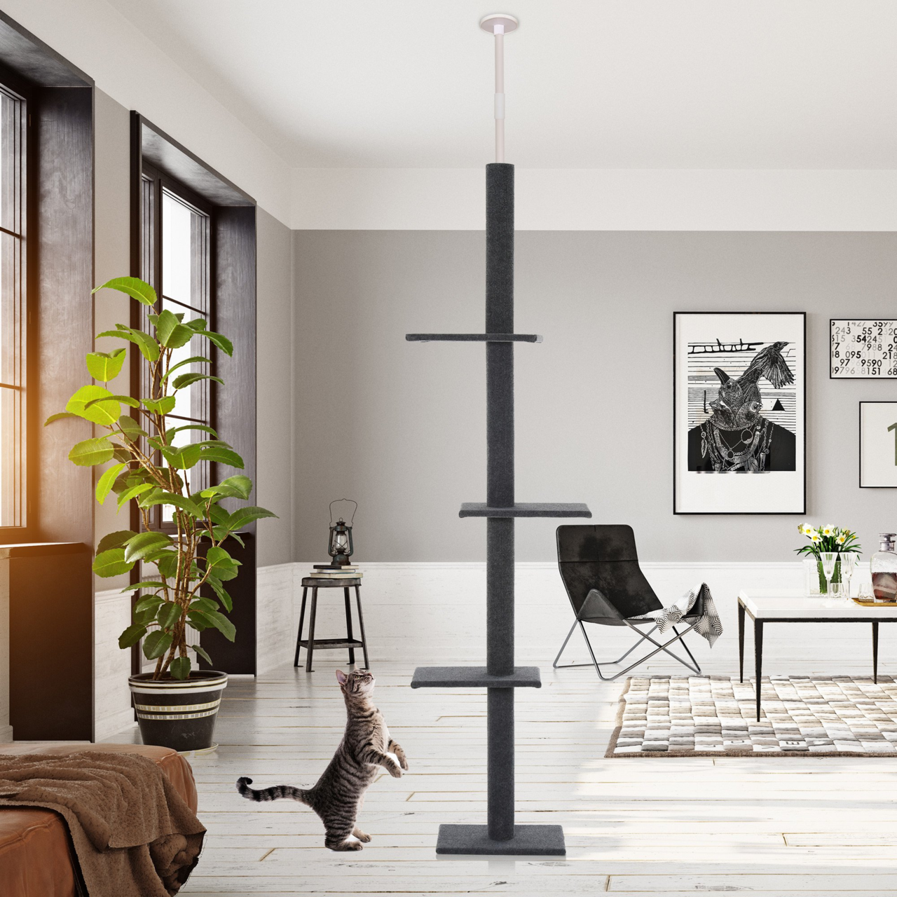 Hoogte verstelbare krabpaal grijs 228–260 cm – Slank model met plafondbevestiging voor actieve katten
