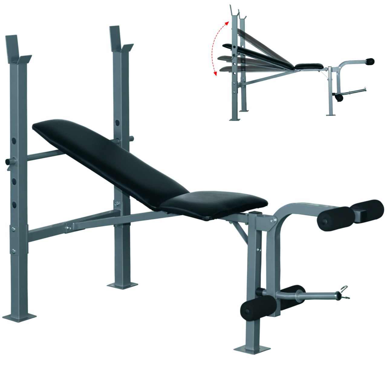 Verstelbare Halterbank met Beencurler – 165×68×114 cm – Zwart geschikt voor diverse krachttrainingsoefeningen
