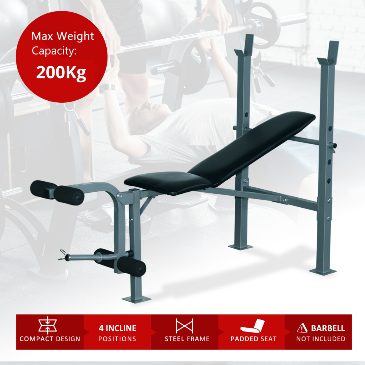 Verstelbare Halterbank met Beencurler – 165×68×114 cm – Zwart geschikt voor verschillende trainingsposities en sterk stalen frame.