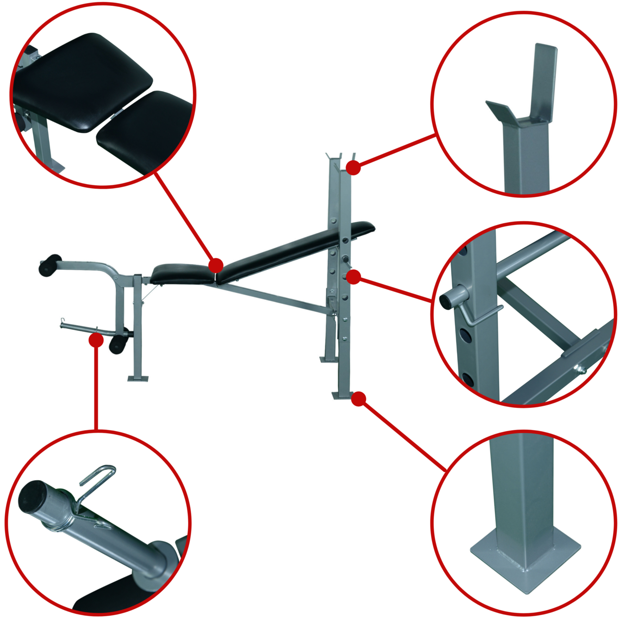Verstelbare Halterbank met Beencurler – 165×68×114 cm – Zwart, focus op verstelbare onderdelen en kussens.