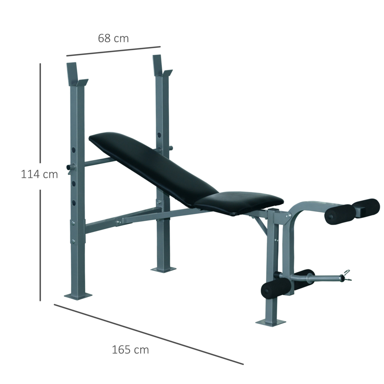Verstelbare Halterbank met Beencurler – 165×68×114 cm – Zwart voor krachttraining en verstelbare oefeningen afmetingen