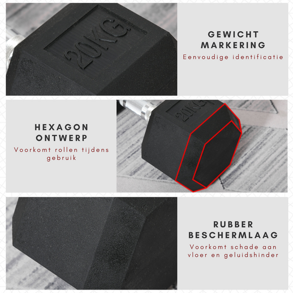 Hexa dumbbell 20 kg met stalen grip en rubber coating voor stabiele en veilige krachttraining