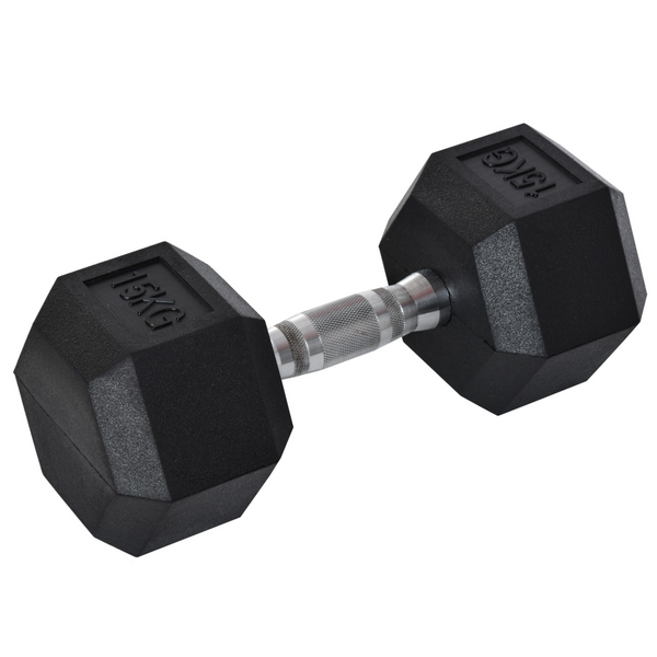 Hexa dumbbell 15 kg met stevige stalen handgreep en rubber coating voor thuisfitness