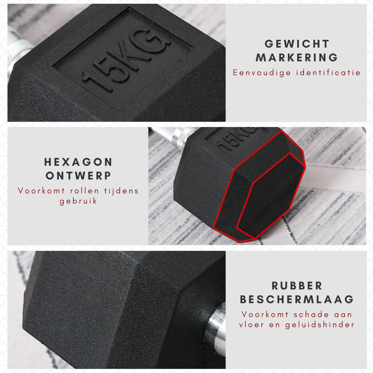 Hexa dumbbell 15 kg met stevige stalen handgreep en rubber coating voor thuisfitness