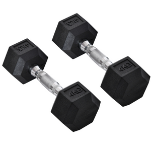 Hexagon dumbbells 2x4 kg rubber voor optimale grip en duurzaamheid bij krachttraining met stevige metalen handgrepen