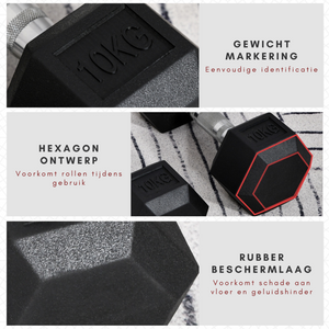 Hexa dumbbell set van 2 x 10 kg – Voor krachttraining & fitness met hexagon design en rubberen beschermlaag tegen schade en geluid