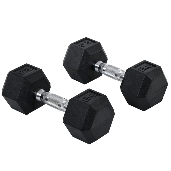 Hexagon dumbbells 2x8 kg rubber voor optimale grip en effectieve krachttraining