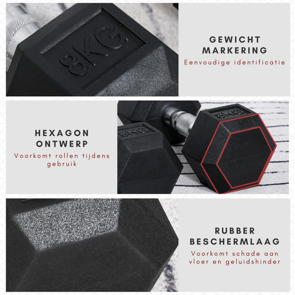 Hexagon dumbbells 2x8 kg rubber voor optimale grip en effectieve krachttraining