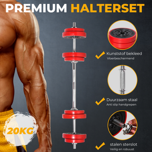 Complete halterset met dumbbells en barbell set – 20 kg voor veelzijdige training met duurzaam staal en kunststof bekleding