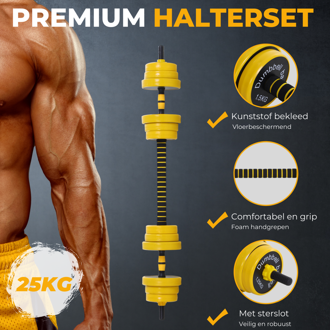 Verstelbare halterset 25kg – dumbbell & barbell in één met antisliphandgreep