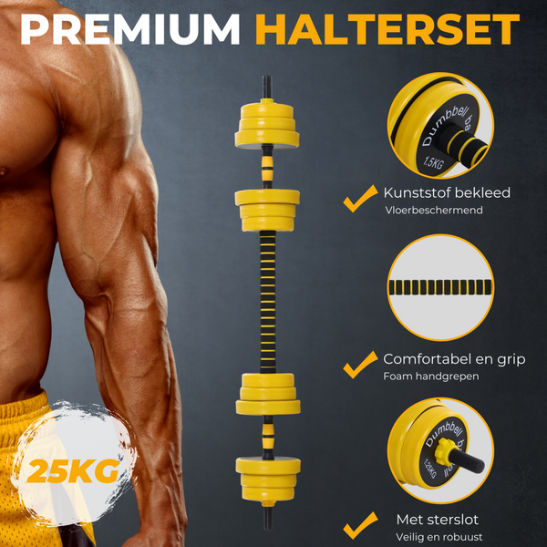 Verstelbare halterset 25kg – dumbbell & barbell in één met antisliphandgreep
