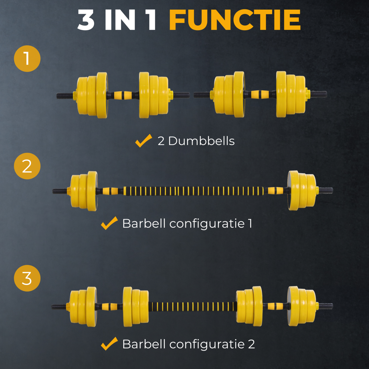 Verstelbare halterset 25kg – dumbbell & barbell in één met antisliphandgreep