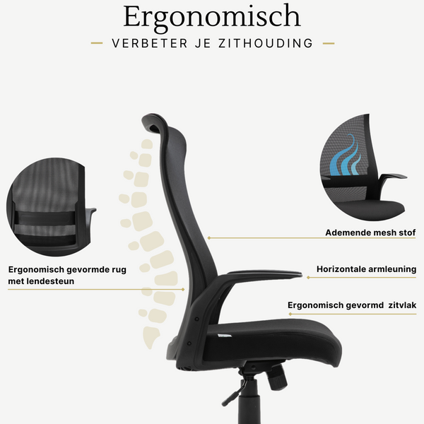 Ergonomische bureaustoel mesh zwart met verstelbare lendesteun voor optimale rugondersteuning
