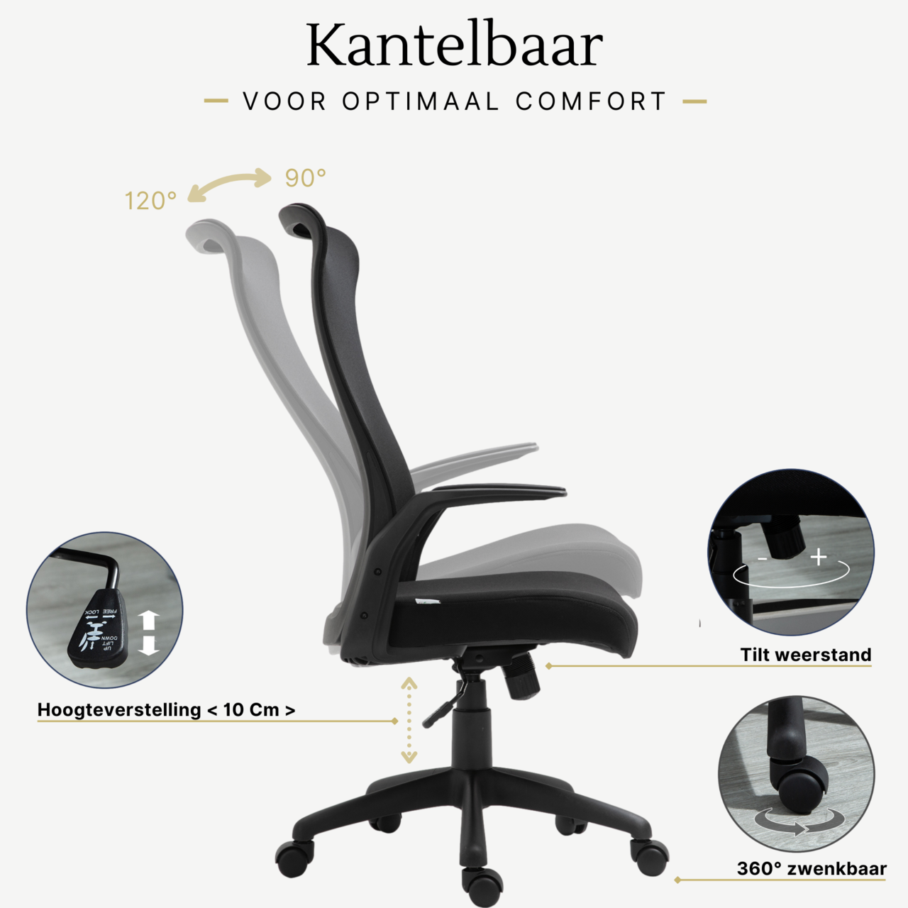 Ergonomische bureaustoel mesh zwart met verstelbare lendesteun voor optimale rugondersteuning