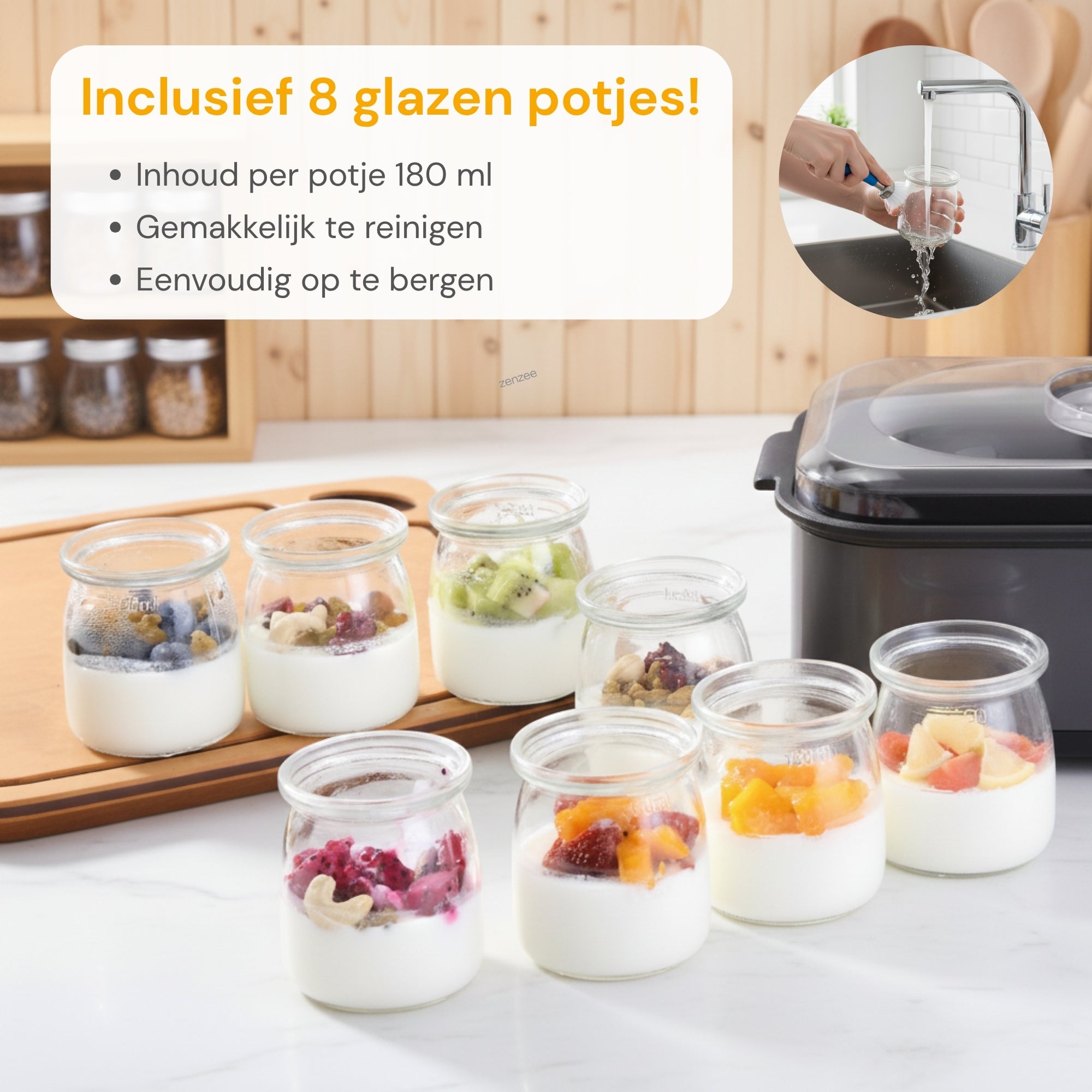 Yoghurtmaker van RVS Antraciet – met 8 glazen potten voor verse huisgemaakte yoghurt | Zenzee (kopie) met glazen potjes van 180 ml, eenvoudig schoon te maken en makkelijk op te bergen.