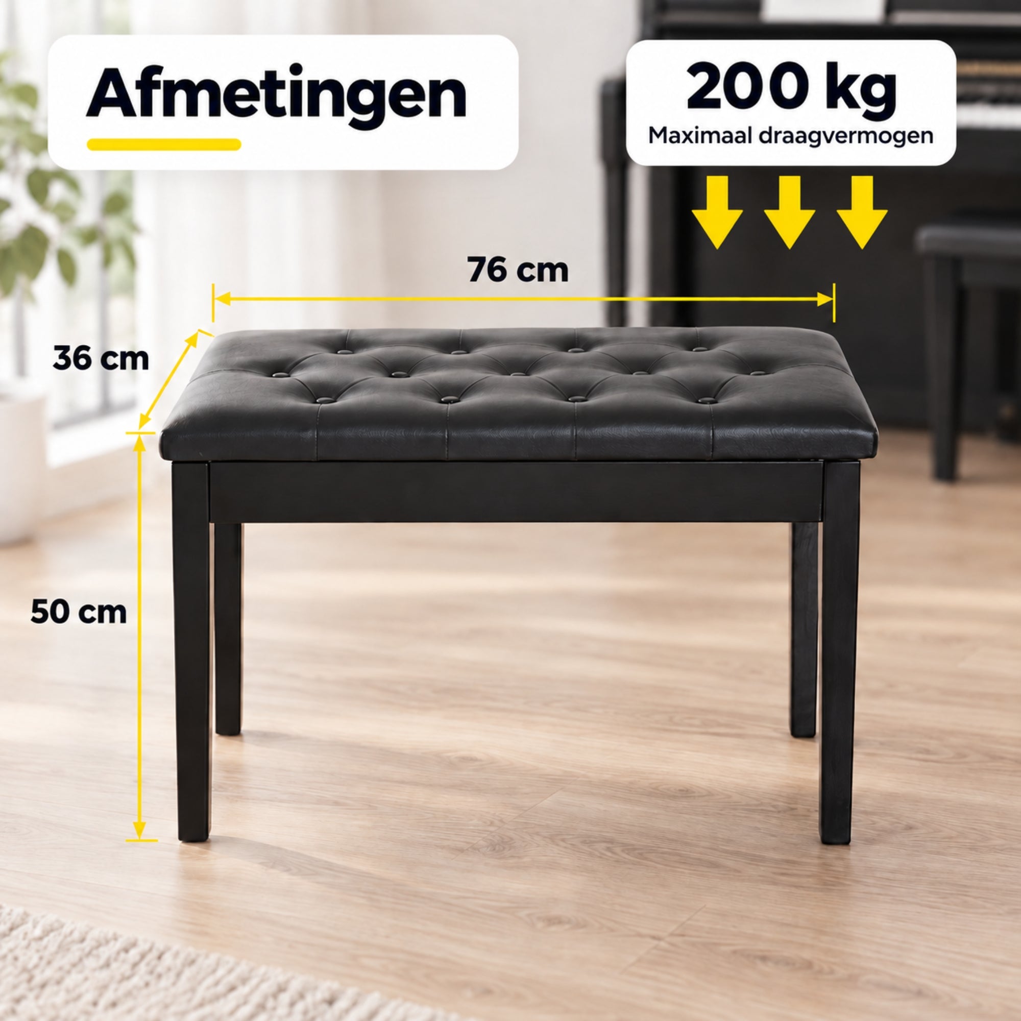 Zwarte pianobank met opbergruimte – klassiek design en zitcomfort met zachte gecapitonneerde kunstleren zitting en stevige houten poten