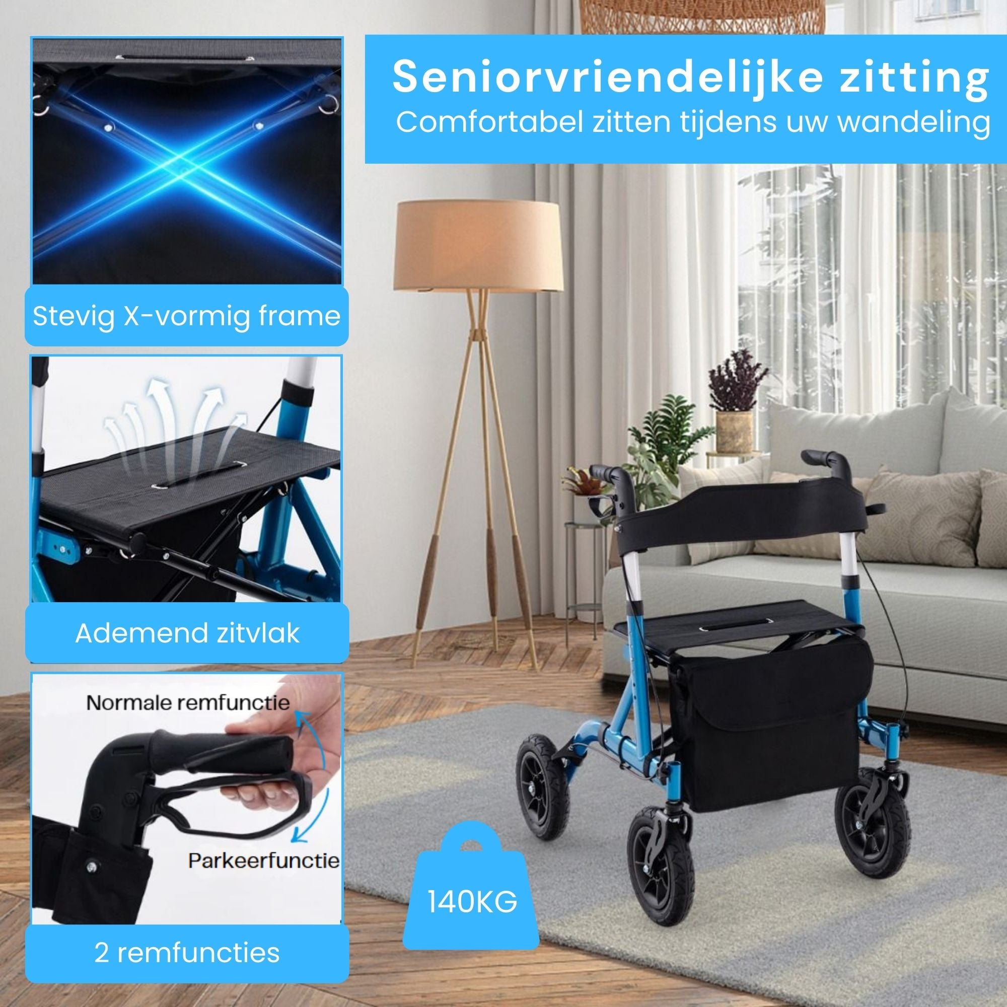 Rollator met all-terrain luchtbanden en comfortabele zitfunctie blauw met stevig X-vormig frame en ademend zitvlak voor stabiliteit