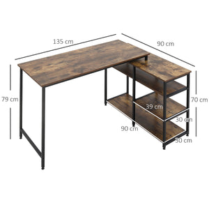 Hoekbureau 135x90x79 cm zwart en bruin met praktisch boekenrek en royaal werkoppervlak voor optimale werkruimte