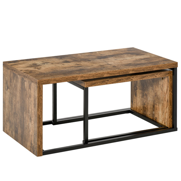 Salontafel 2 delig industrieel bijzettafel zwart bruin 90x48x42 cm