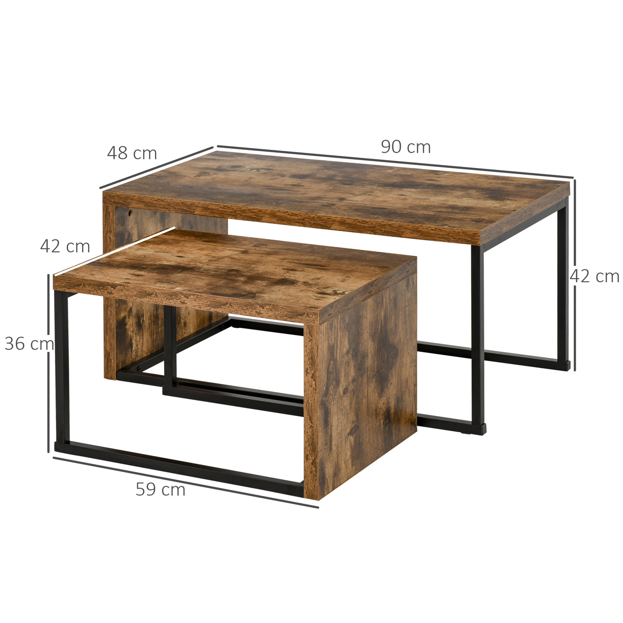 Salontafel 2 delig industrieel bijzettafel zwart bruin 90x48x42 cm