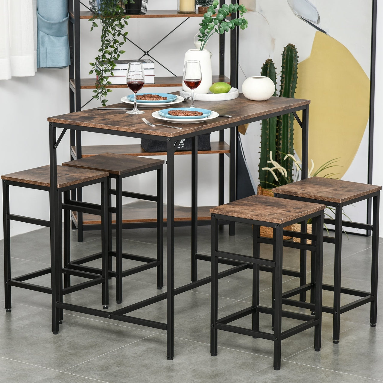 Bartafel met 4 barstoelen vintage industrieel design voor eetkamer