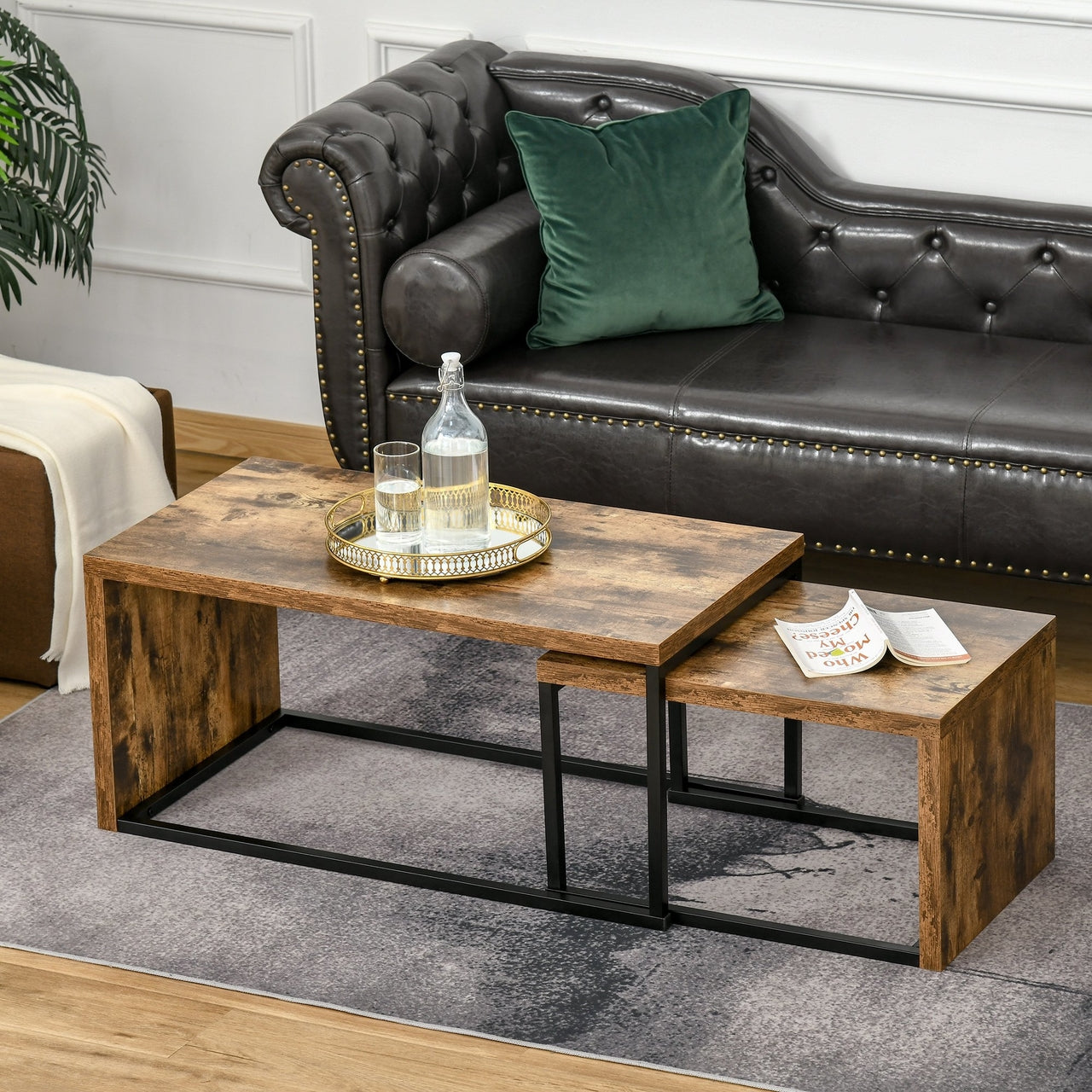 Salontafel 2 delig industrieel bijzettafel zwart bruin 90x48x42 cm
