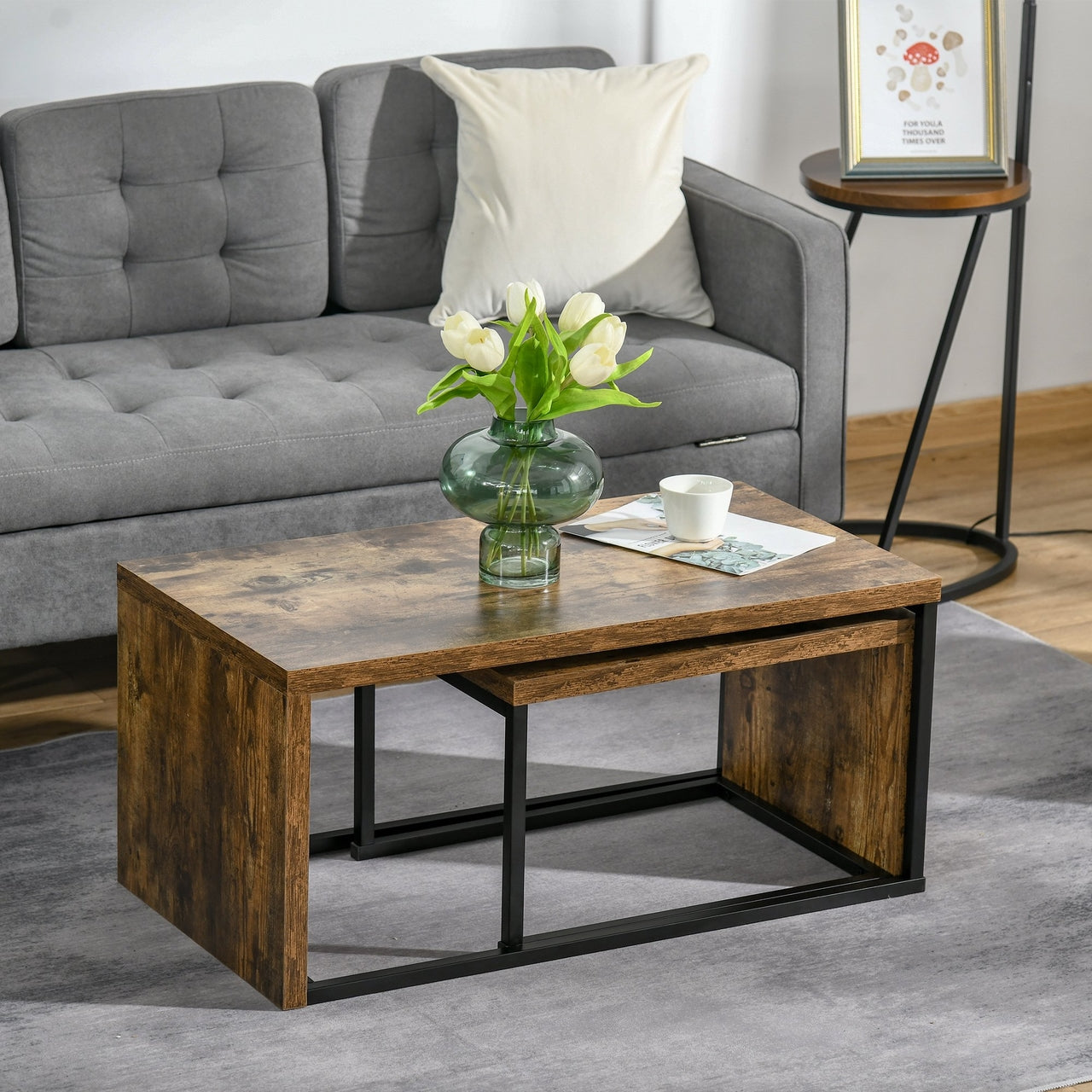 Salontafel 2 delig industrieel bijzettafel zwart bruin 90x48x42 cm