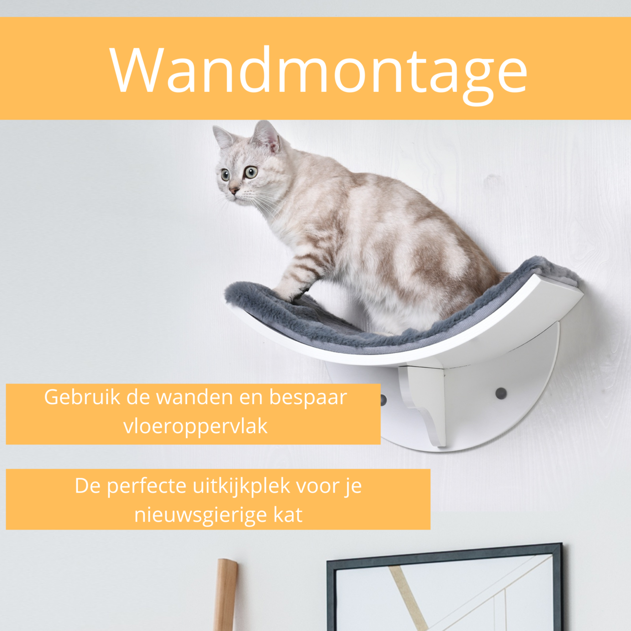 Wit MDF kattenbed met wandmontage en wasbare kussen voor comfortabel kattenplezier