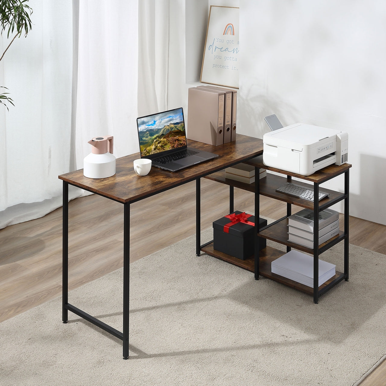 Hoekbureau 135x90x79 cm zwart en bruin met praktisch boekenrek voor optimale werkruimte