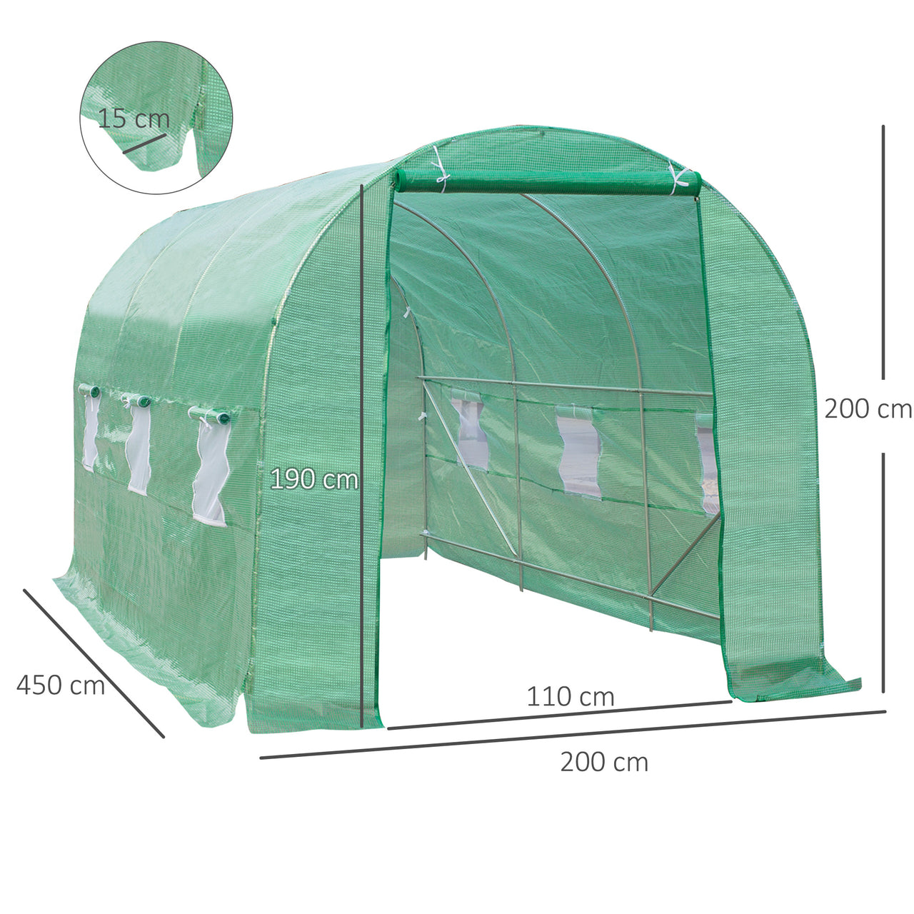 Tunnelkas L 450x200x200 cm groen als tuinkas en kweekkas