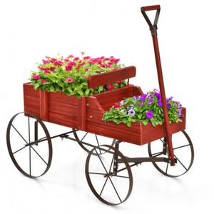 Decoratieve houten bloembak als bolderwagen voor tuin of balkon 62x34x60 cm met metalen wielen en houten handvat