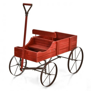 Decoratieve houten bloembak als bolderwagen voor tuin of balkon 62x34x60 cm met metalen wielen en handgreep