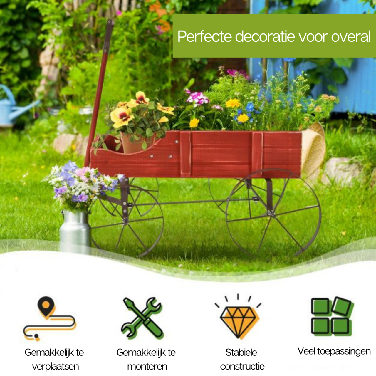 Decoratieve houten bloembak als bolderwagen voor tuin of balkon 62x34x60 cm