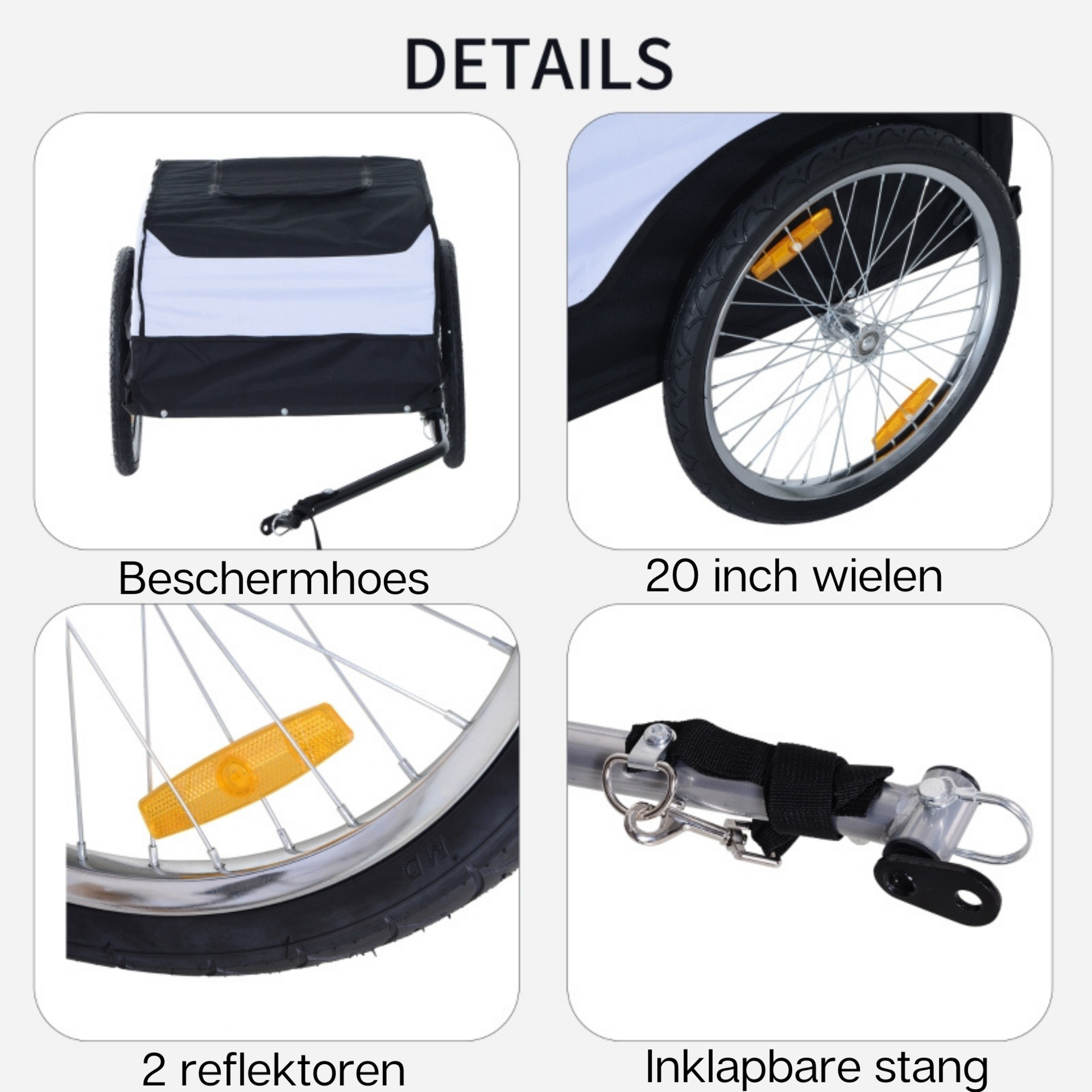 Stevige fietskar wit/zwart – compacte fietsaanhanger voor bagage