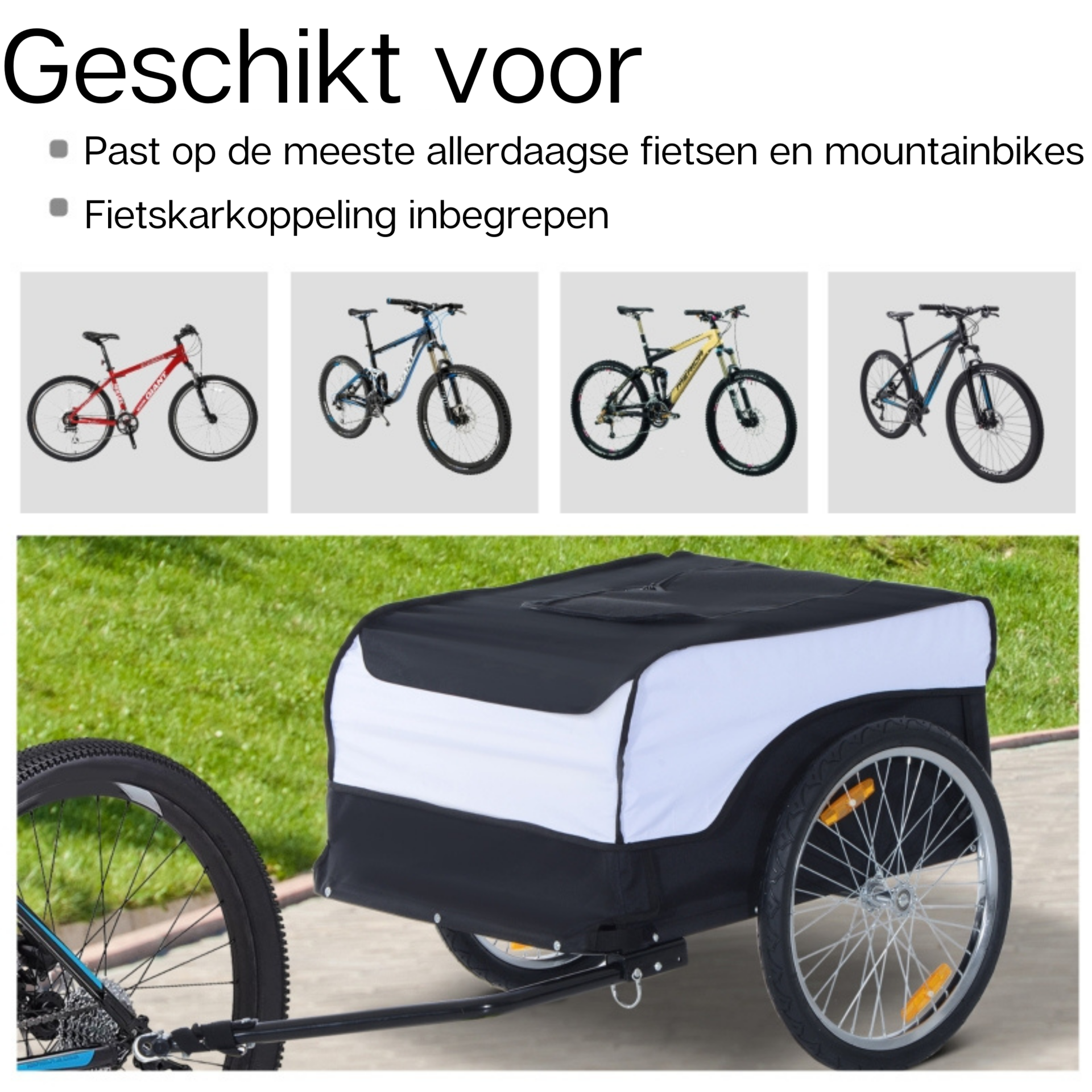 Stevige fietskar wit/zwart – compacte fietsaanhanger voor bagage