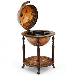 Bruin globebar wijnrek wereldbol ø60,5 cm voor functionele en sfeervolle wijnpresentatie met klassiek design en praktische opbergruimte.