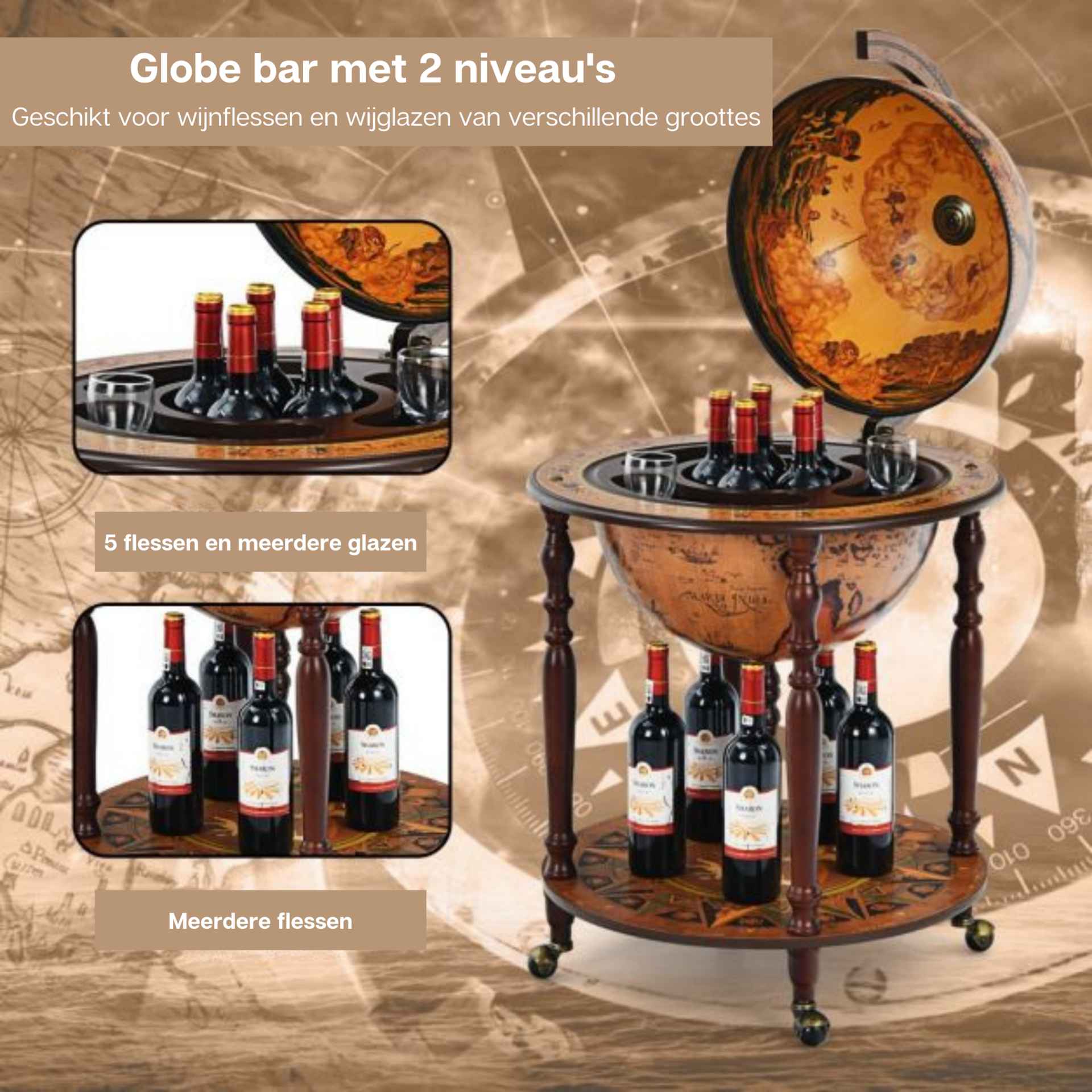Bruin globebar wijnrek wereldbol ø60,5 cm voor functionele en sfeervolle wijnpresentatie