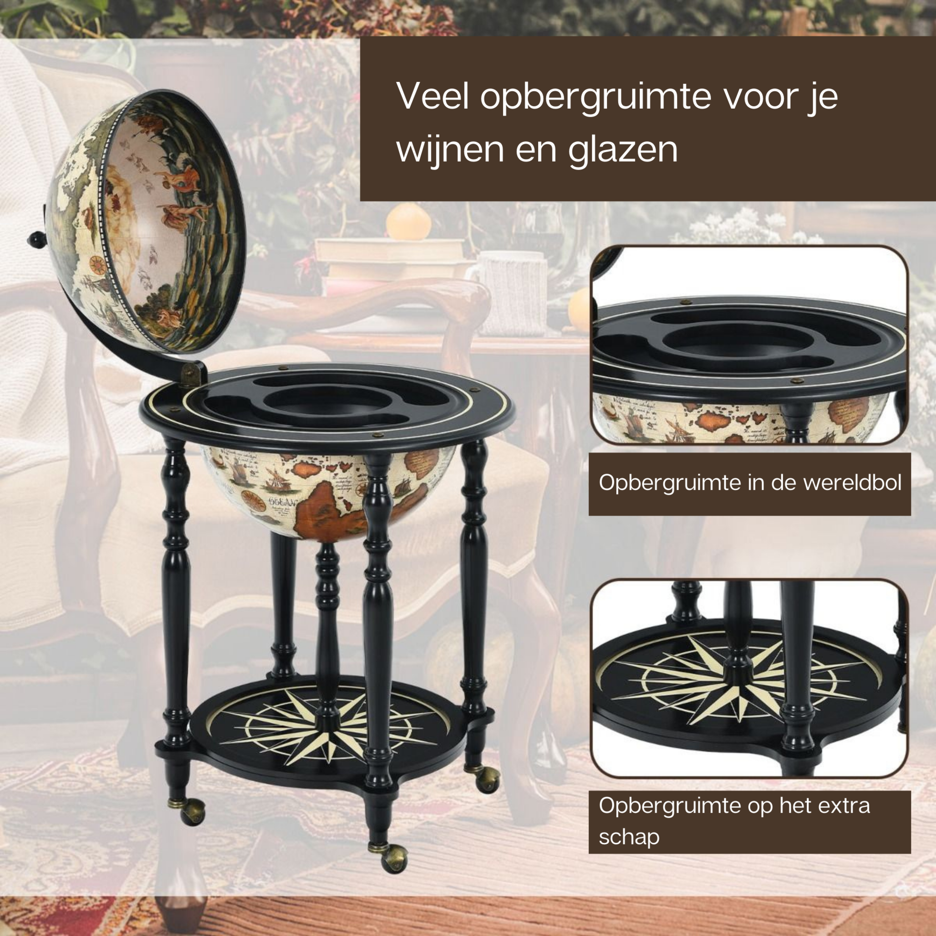 Uniek wijnrek met wereldbol design Ø56 cm cremewit zwart
