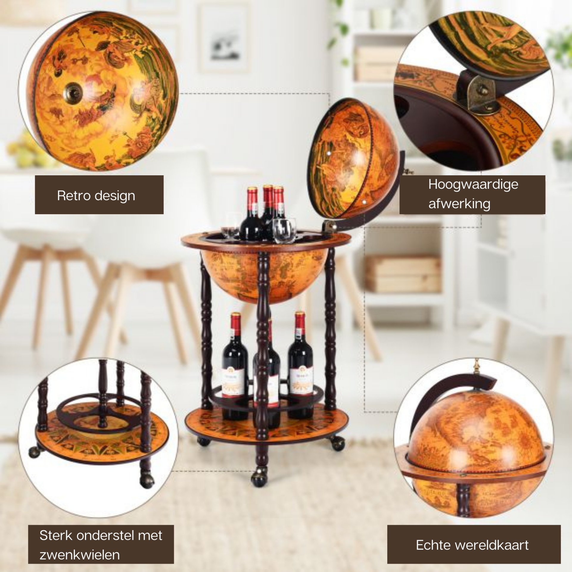 Compact bruin globebar wijnrek wereldbol ø47 cm voor elegante en praktische wijnpresentatie