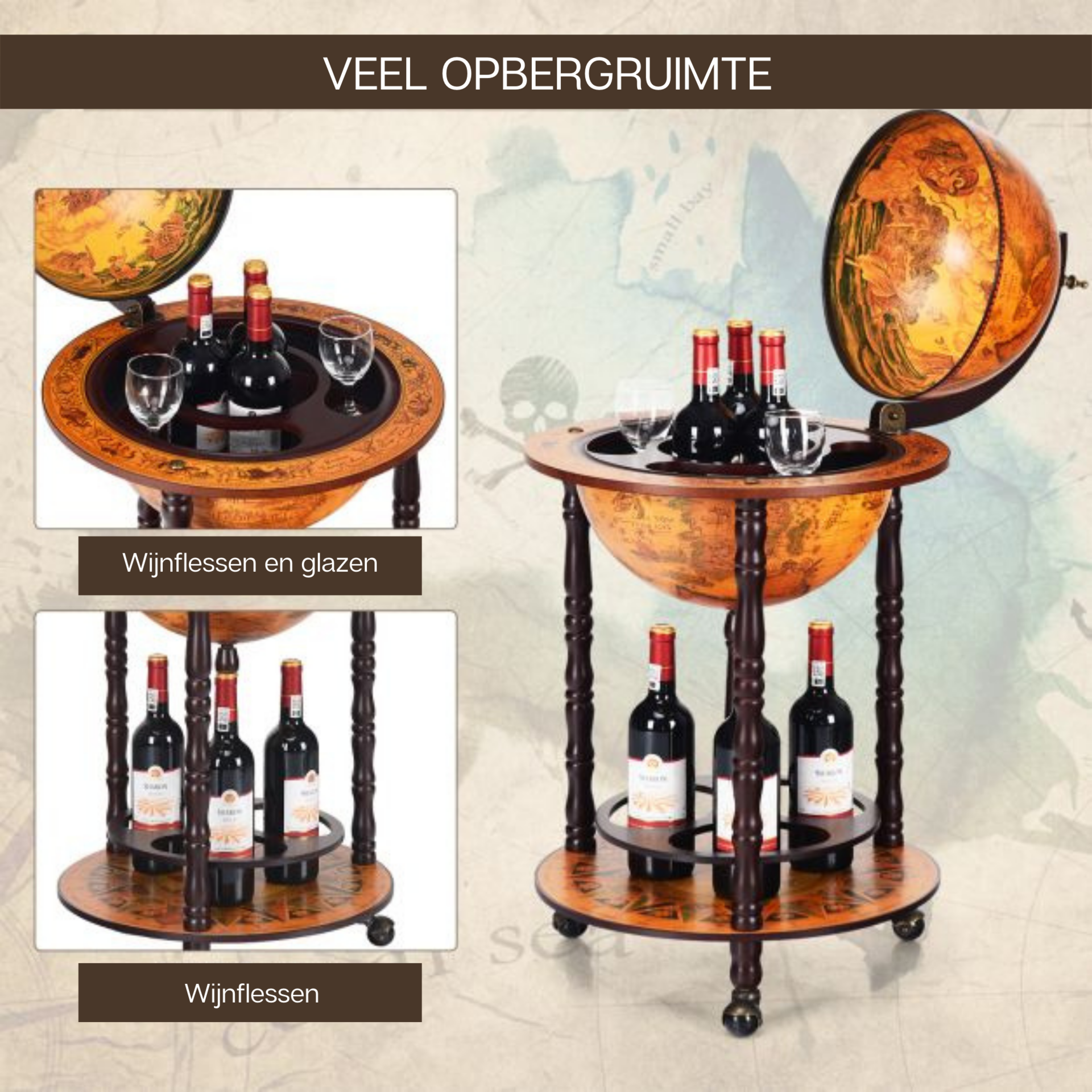Compact bruin globebar wijnrek wereldbol ø47 cm voor elegante en praktische wijnpresentatie