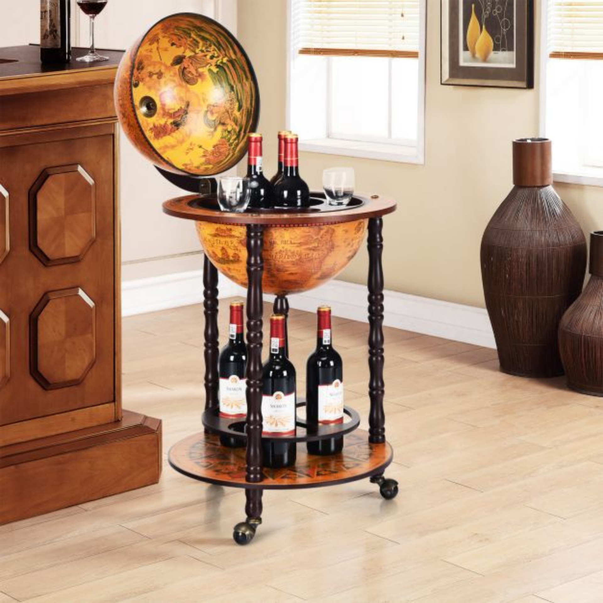 Compact bruin globebar wijnrek wereldbol ø47 cm voor elegante en praktische wijnpresentatie