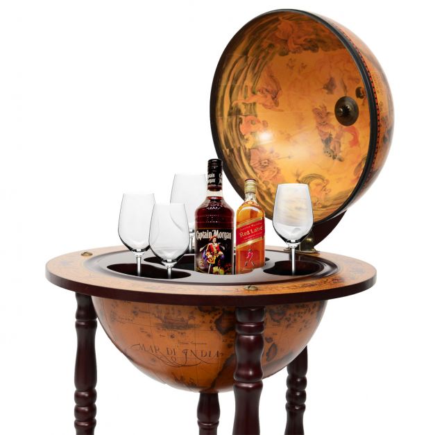 Klassiek wijnrek globebar wereldbol ø45 cm in bruin hout voor compacte elegantie