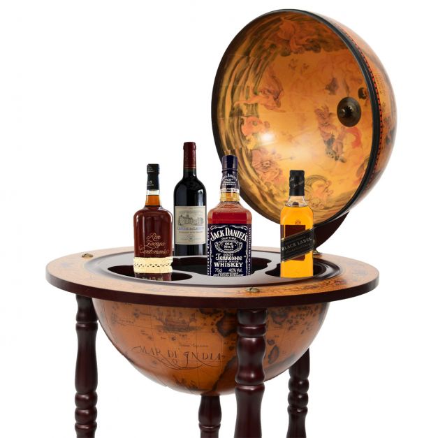 Klassiek wijnrek globebar wereldbol ø45 cm in bruin hout voor compacte elegantie