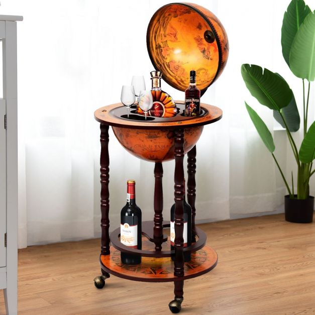 Klassiek wijnrek globebar wereldbol ø45 cm in bruin hout voor compacte elegantie
