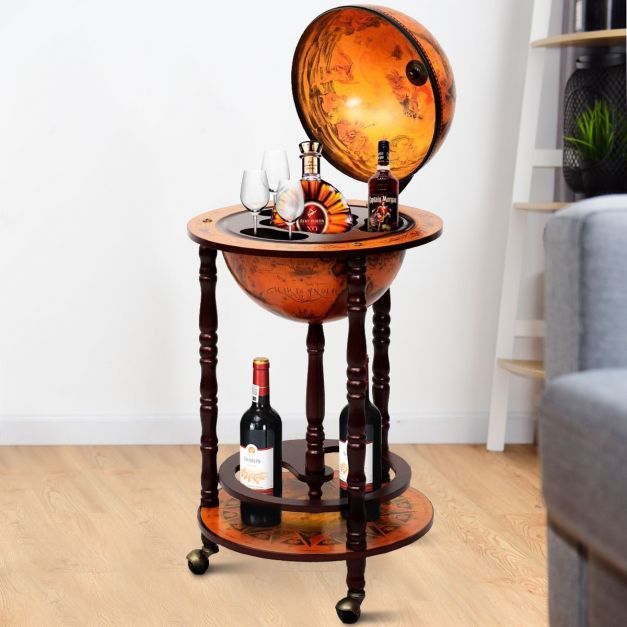 Klassiek wijnrek globebar wereldbol ø45 cm in bruin hout voor compacte elegantie