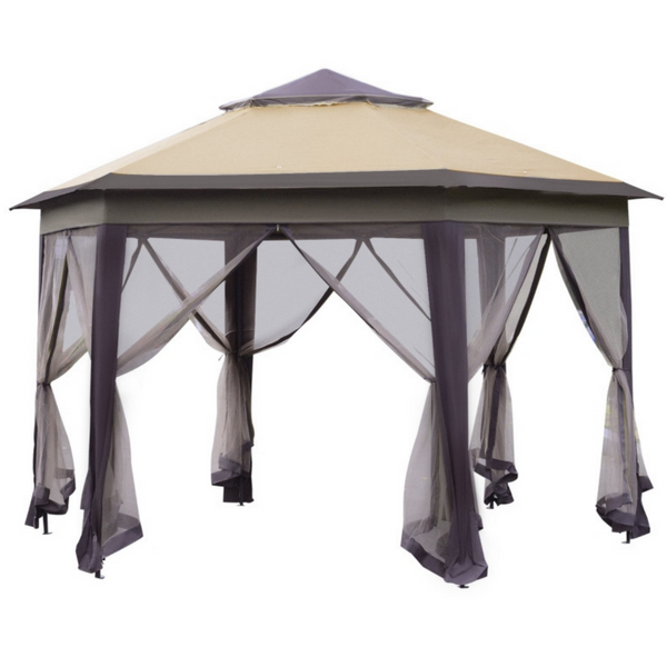 Zeshoekige partytent 4,05x4,05 m met mesh-wanden en bruin dak voor sfeervolle tuinmomenten