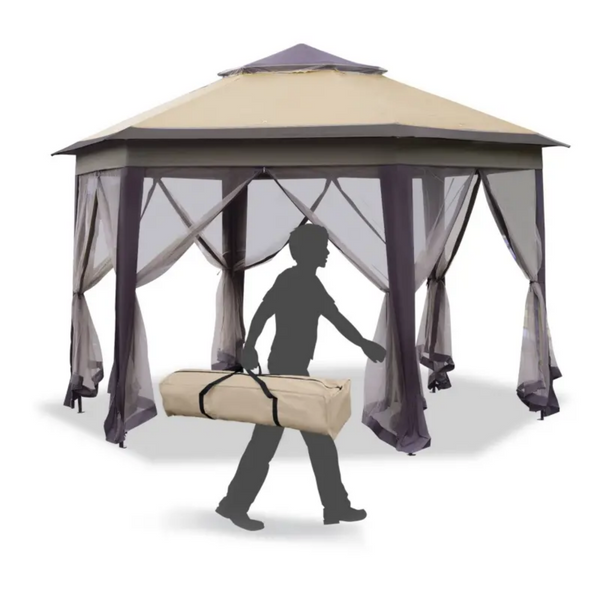 Zeshoekige partytent 4,05x4,05 m met mesh-wanden en bruin dak voor sfeervolle tuinmomenten