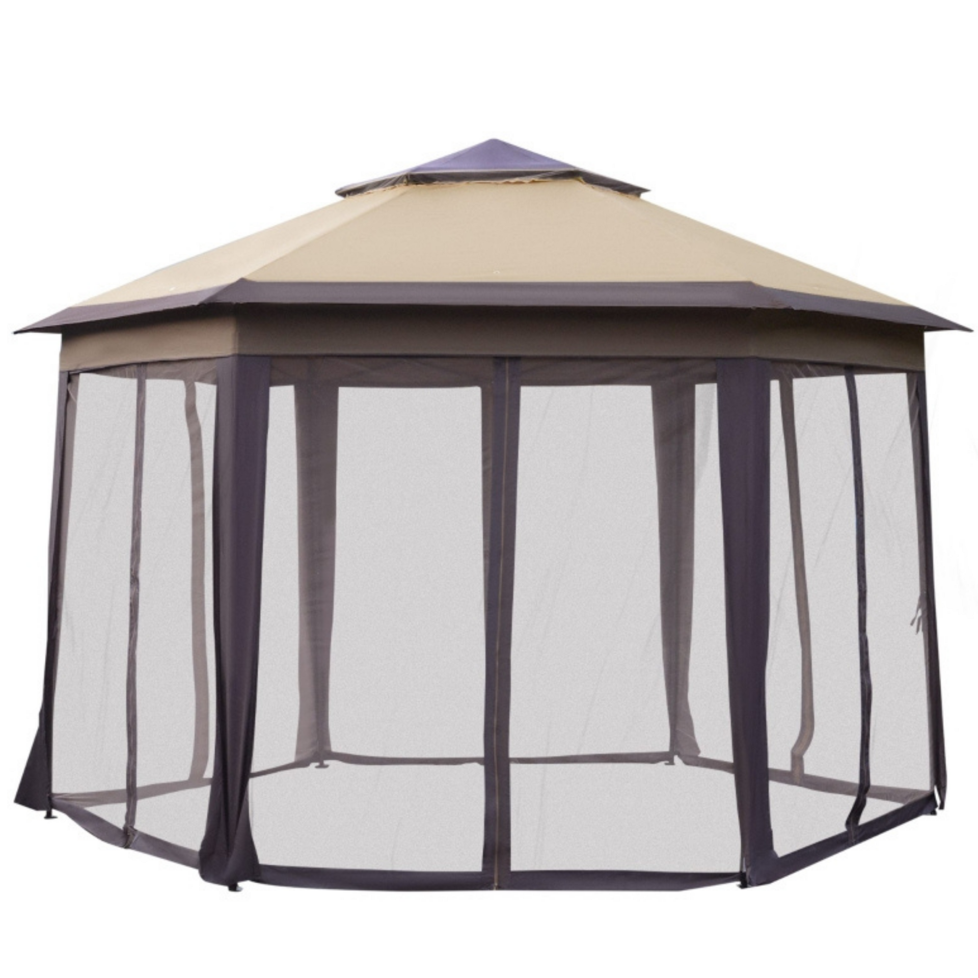 Zeshoekige partytent 4,05x4,05 m met mesh-wanden en bruin dak voor sfeervolle tuinmomenten