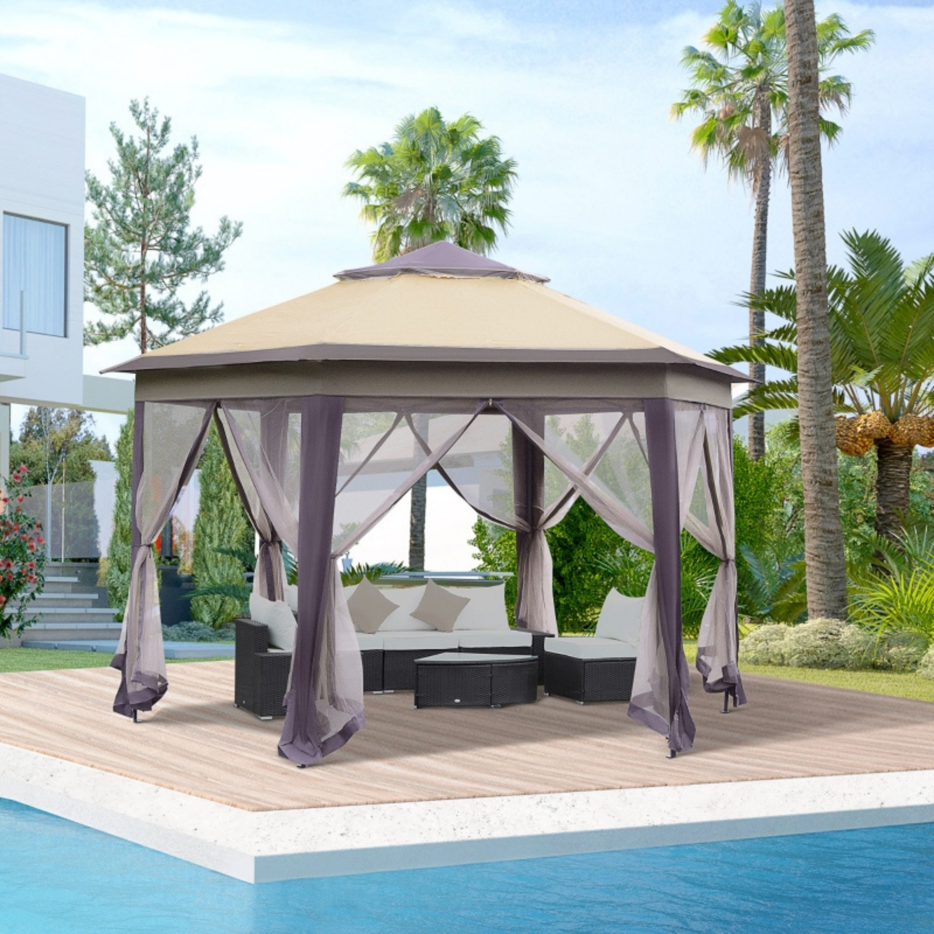 Zeshoekige partytent 4,05x4,05 m met mesh-wanden en bruin dak voor sfeervolle tuinmomenten