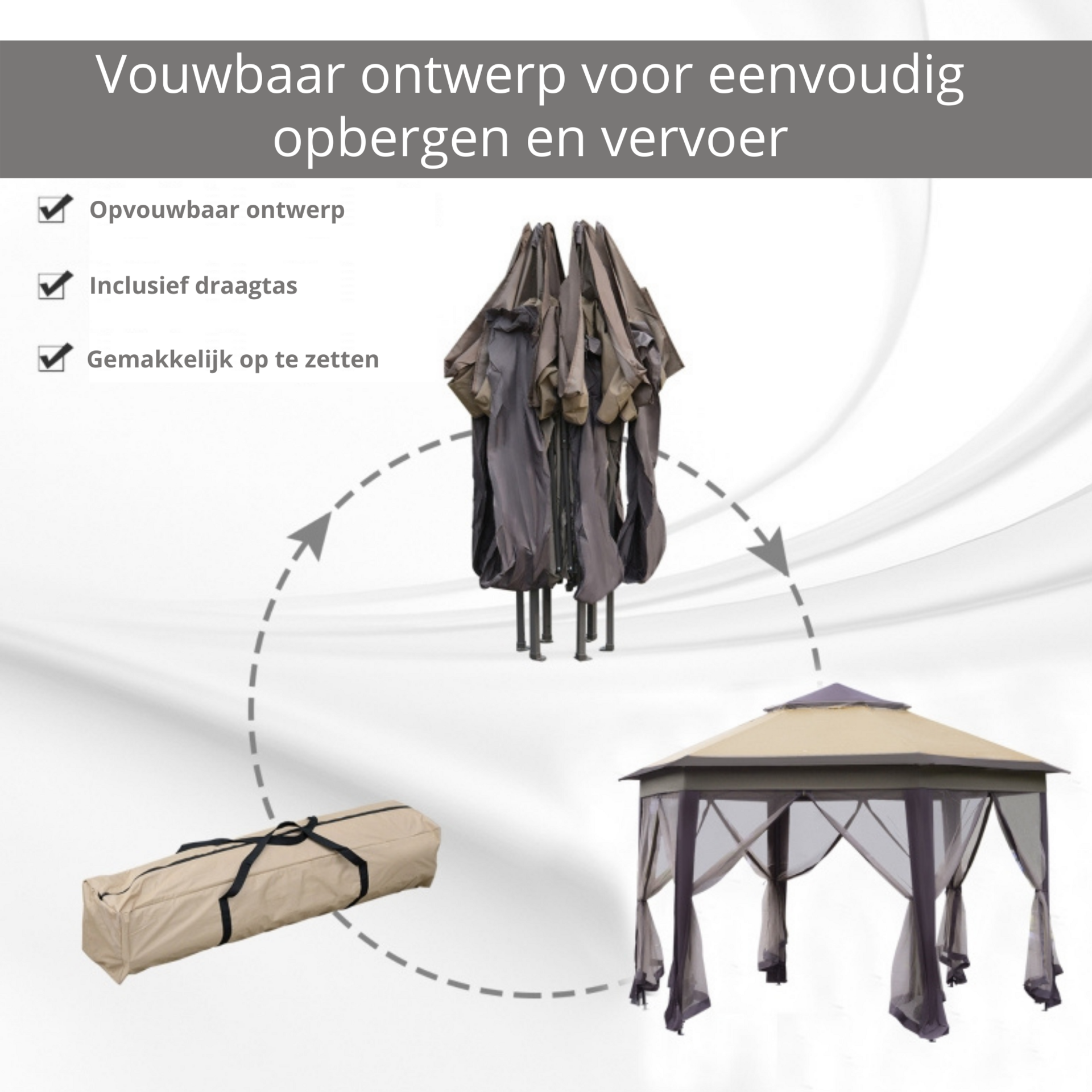 Zeshoekige partytent 4,05x4,05 m met mesh-wanden en bruin dak voor sfeervolle tuinmomenten